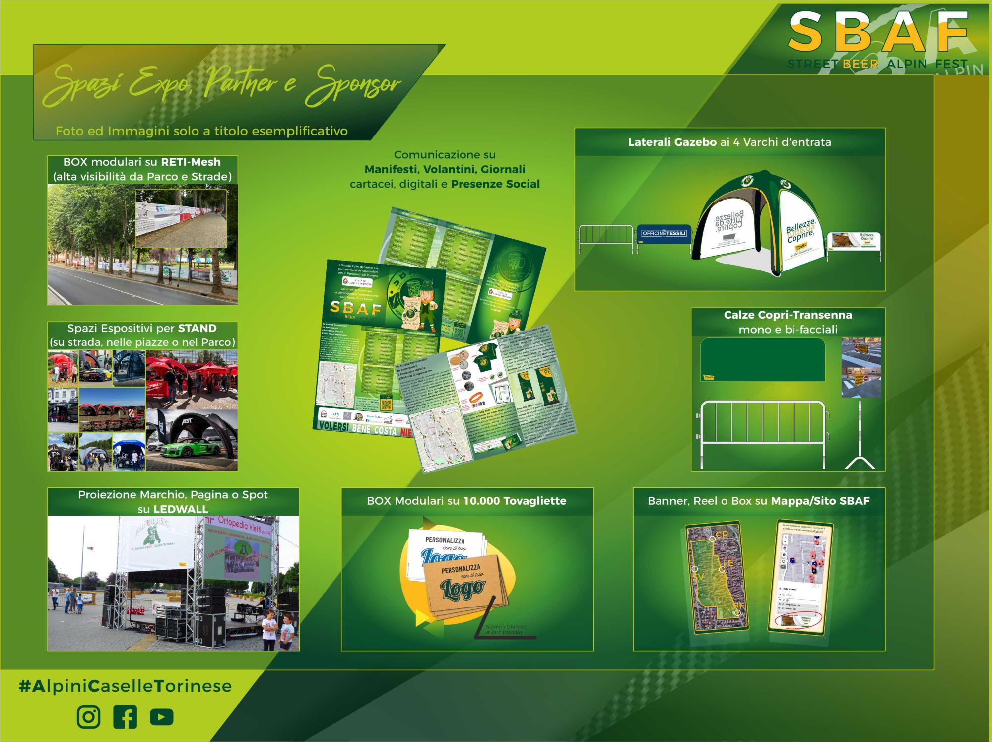 Spazi Expo Partner e Sponsor SBAF 2026: stand, gazebo, reti-mesh, LEDWALL, tovagliette, banner su mappa