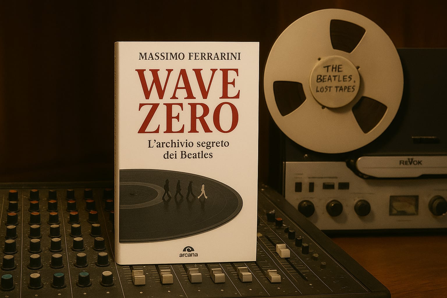 Il libro Wave Zero di Massimo Ferrarini su un mixer da studio con nastro The Beatles Lost Tapes